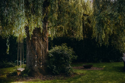 Großer alter Baum mit Schaukel im Garten